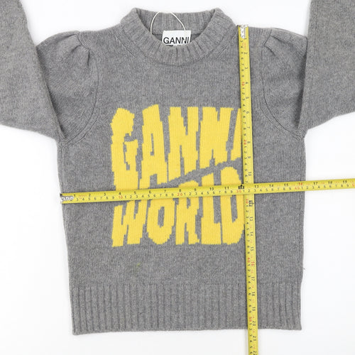 Ganni Womens Grey Wool Graphic Logo Pullover Jumper XXS