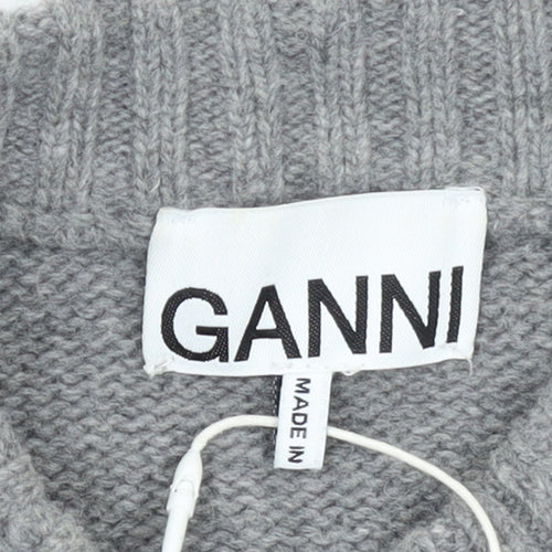 Ganni Womens Grey Wool Graphic Logo Pullover Jumper XXS