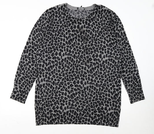 DKNY Women’s Grey Leopard Print Long Sleeve Pullover Jumper Size L