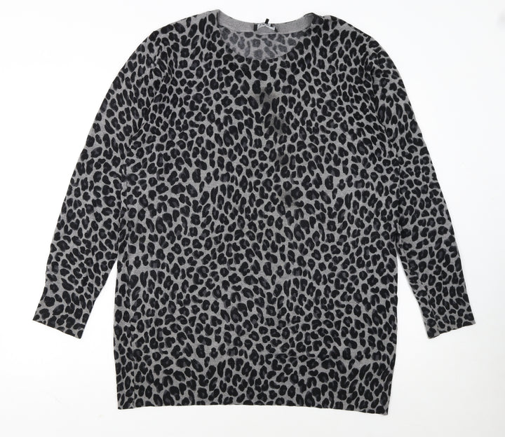 DKNY Women’s Grey Leopard Print Long Sleeve Pullover Jumper Size L