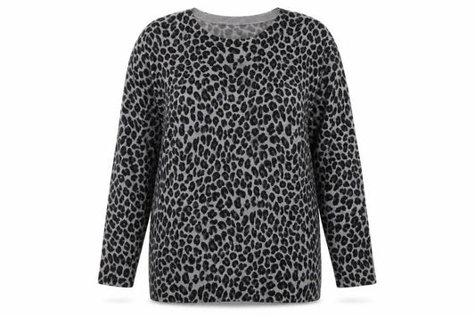 Front view of DKNY Women’s Grey Leopard Print Long Sleeve jumper, size L