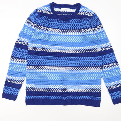 Isle Women's Blue Striped Knit Jumper Size S 10-12 Crew Neck Long Sleeve