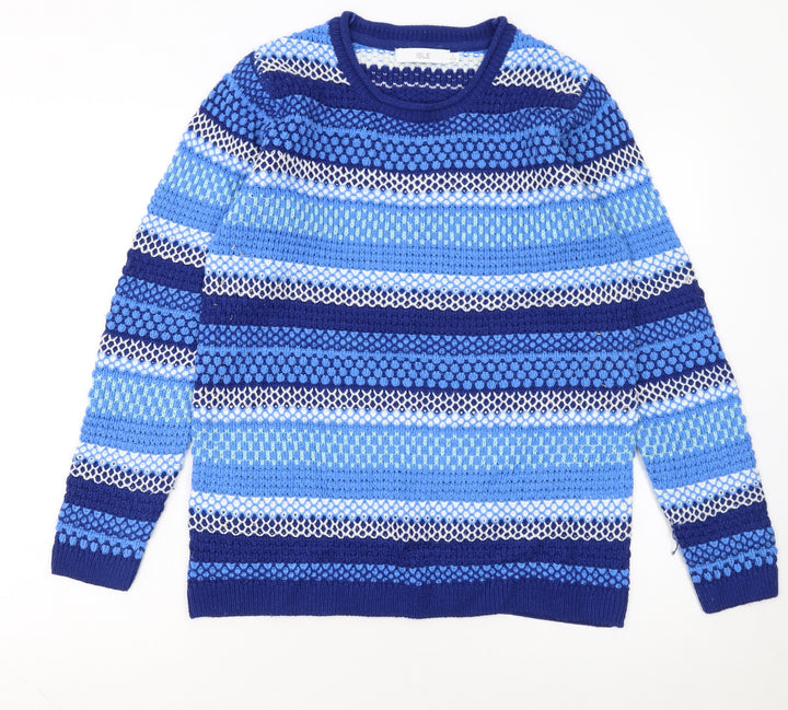 Isle Women's Blue Striped Knit Jumper Size S 10-12 Crew Neck Long Sleeve