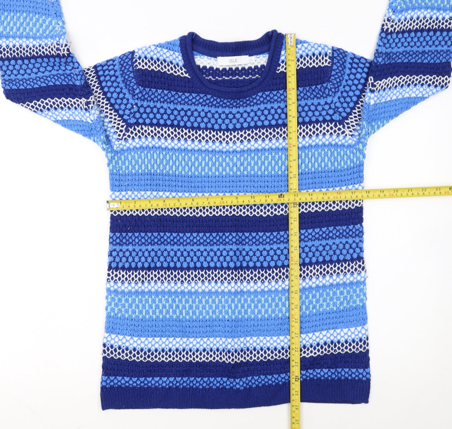 Isle Women's Blue Striped Knit Jumper Size S 10-12 Crew Neck Long Sleeve