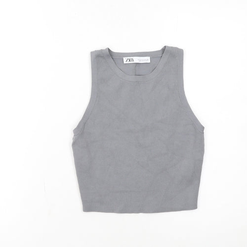 Zara Women Grey Cropped Tank Top Size S Stretch Knit Viscose Blend