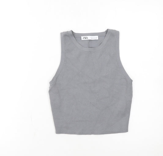 Zara Women Grey Cropped Tank Top Size S Stretch Knit Viscose Blend