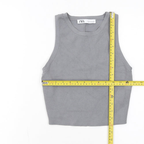 Zara Women Grey Cropped Tank Top Size S Stretch Knit Viscose Blend