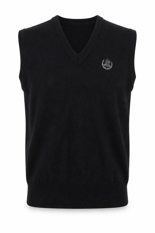 Front view of Mizuno Grand Monarch Men's Black Wool Knit V-Neck Vest M