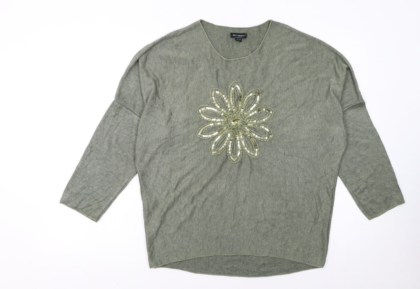 Blue Vanilla Women's Green Sequin Flower Pullover Jumper One Size