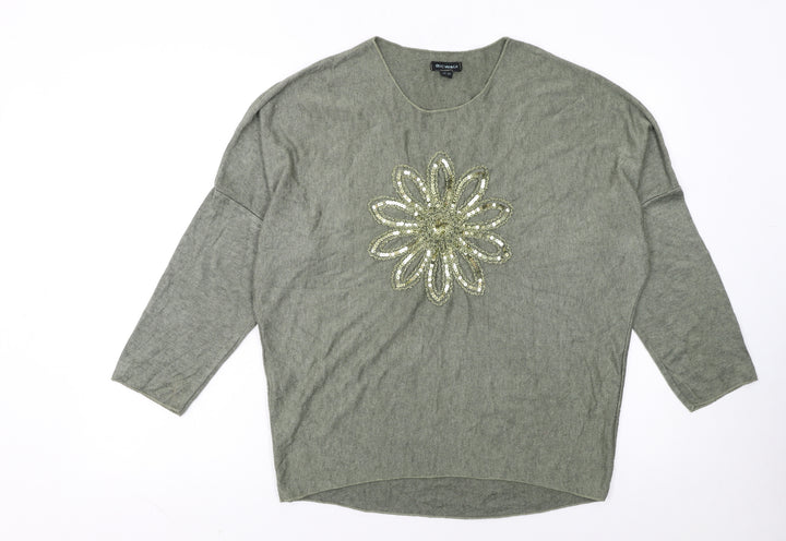 Blue Vanilla Women's Green Sequin Flower Pullover Jumper One Size