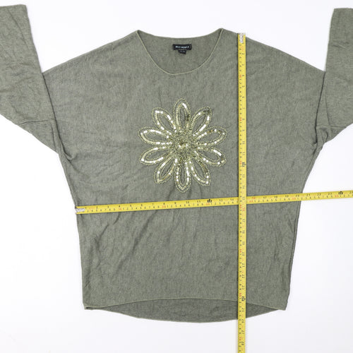 Blue Vanilla Women's Green Sequin Flower Pullover Jumper One Size