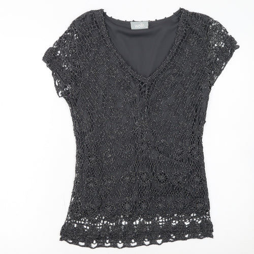 Wallis Womens Black Crochet V-Neck Short Sleeve Camisole Blouse M