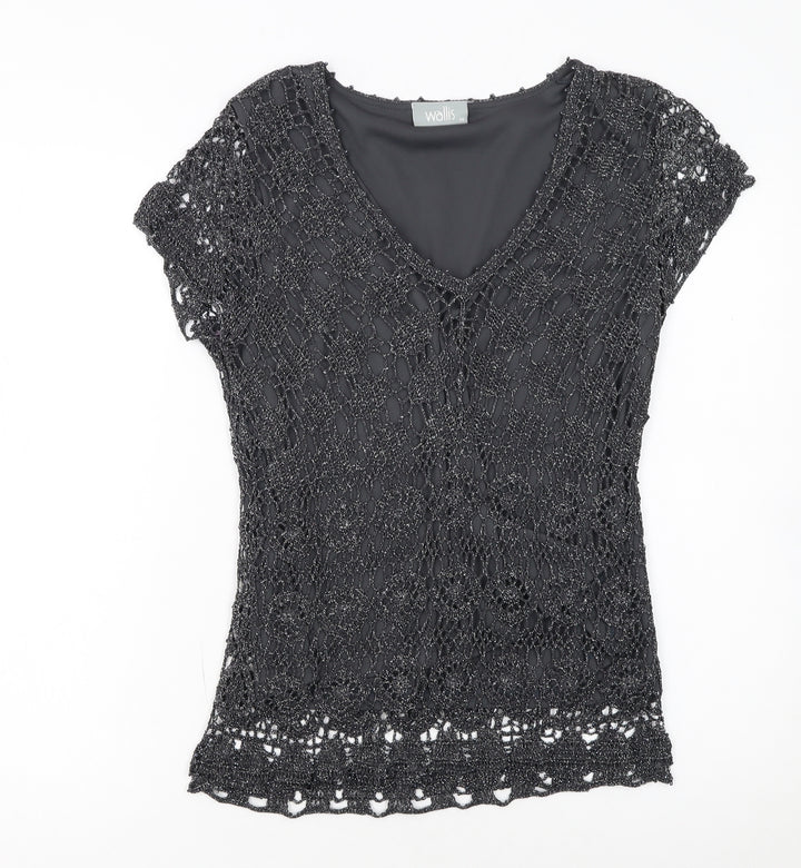 Wallis Womens Black Crochet V-Neck Short Sleeve Camisole Blouse M