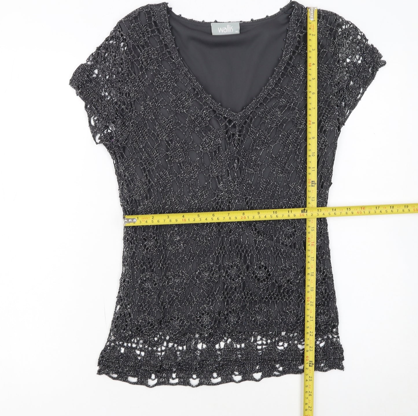 Wallis Womens Black Crochet V-Neck Short Sleeve Camisole Blouse M