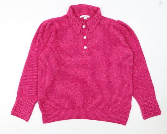Next Women Pink Collared Henley Knit Jumper Size 14