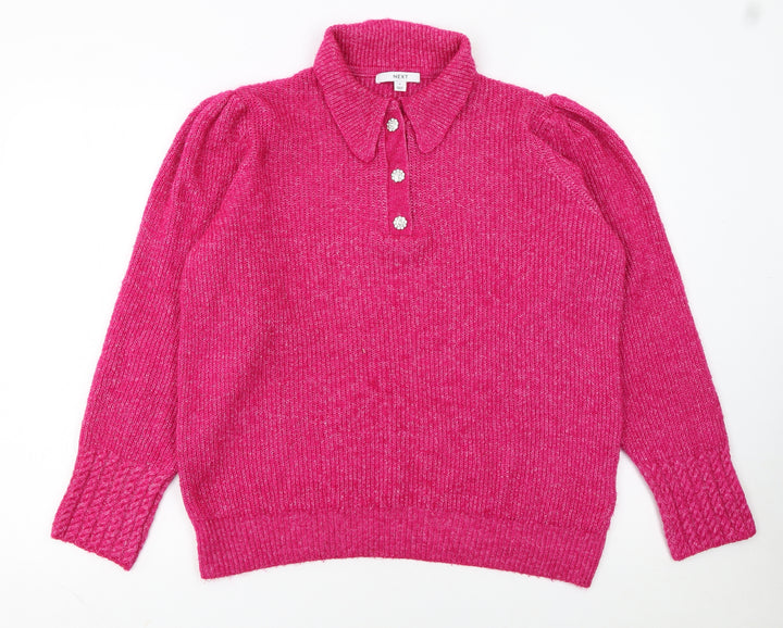 Next Women Pink Collared Henley Knit Jumper Size 14