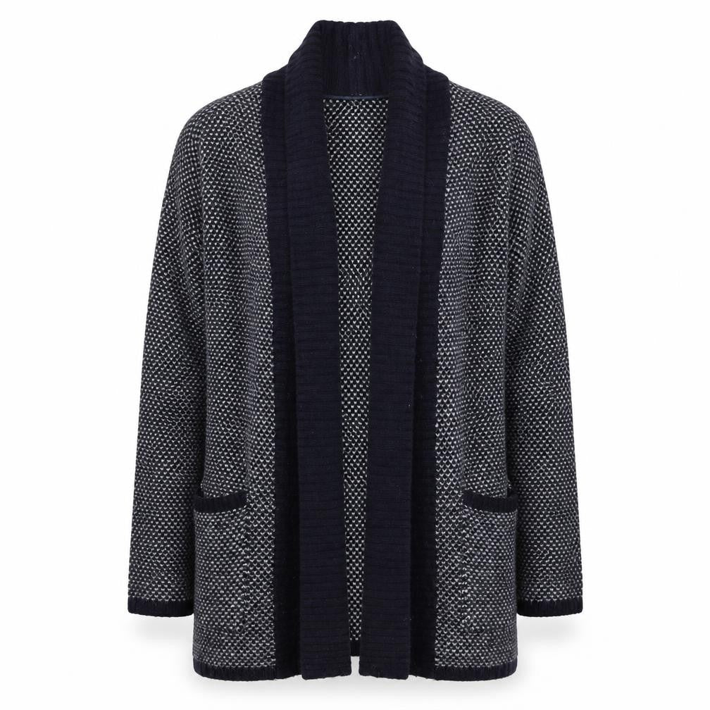 Front view of Mango Women’s Blue Wool Blend Open Knit Long Sleeve Cardigan, size UK 10