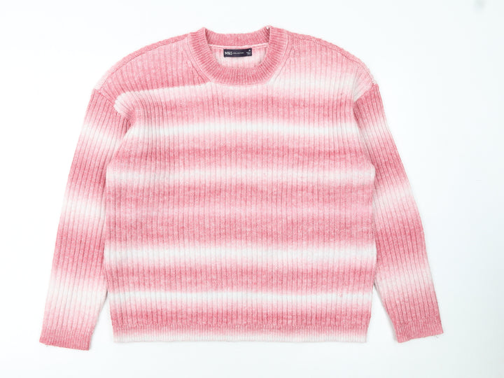 Marks and Spencer Women Pink White Striped Rib Knit Jumper M