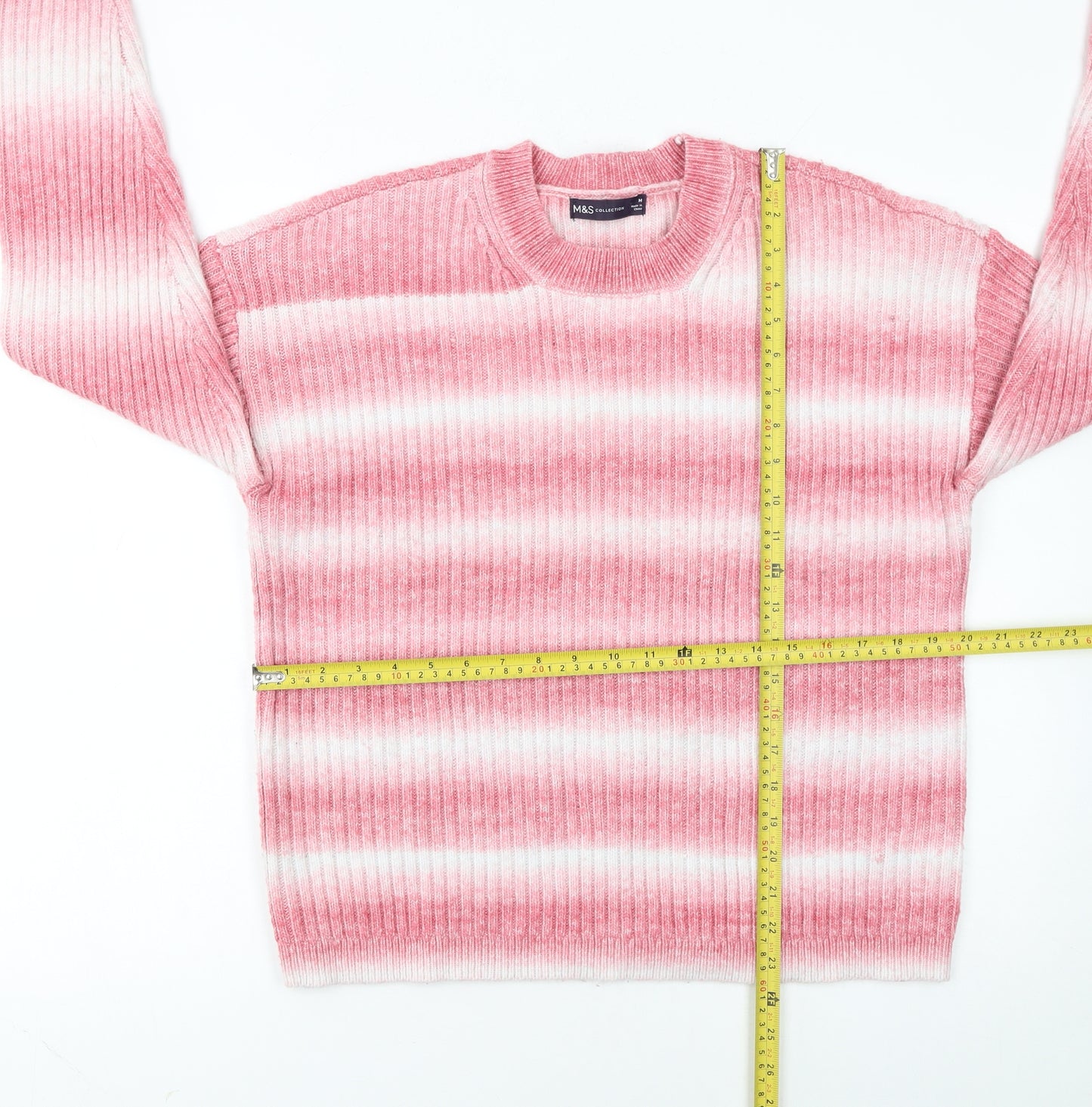 Marks and Spencer Women Pink White Striped Rib Knit Jumper M