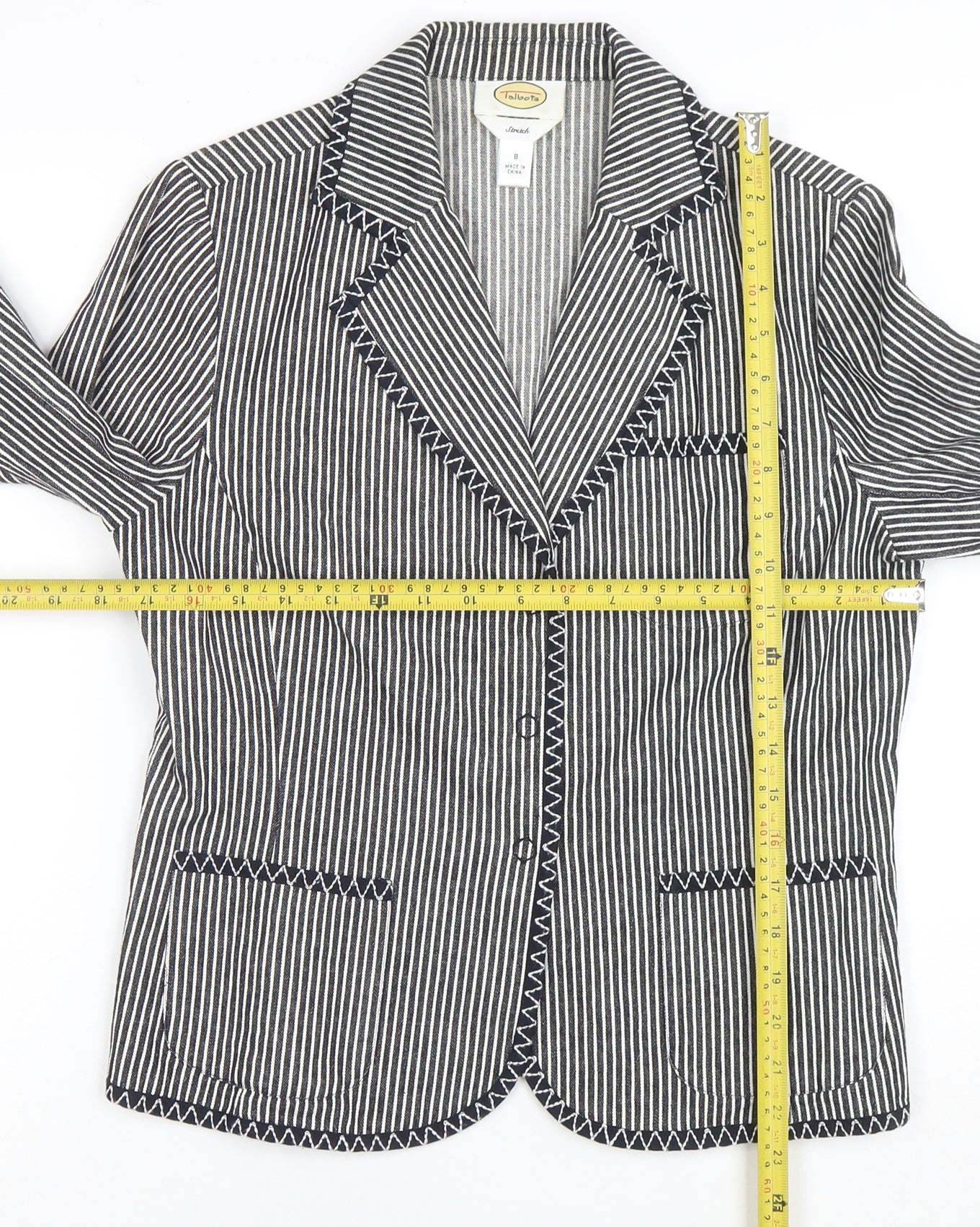 Talbots Women's Black Striped Stretch Cotton Blazer Jacket Size 8