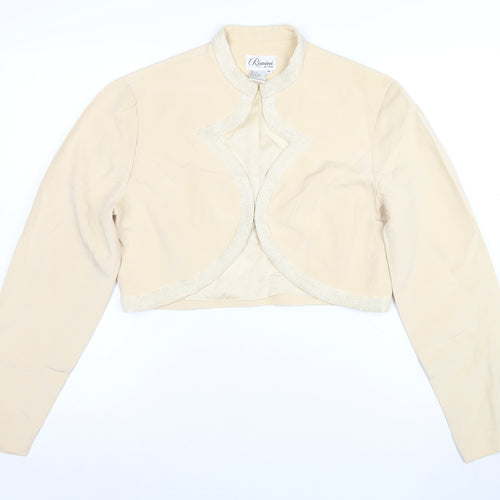 Rimini by Shaw Women Beige Cropped Silk Jacket Size 10 Beaded Trim