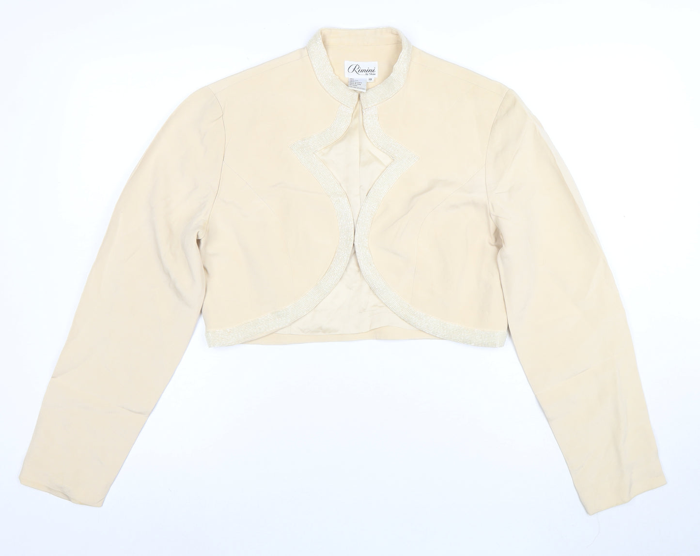 Rimini by Shaw Women Beige Cropped Silk Jacket Size 10 Beaded Trim