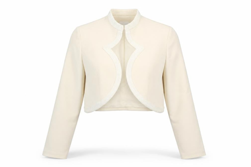 Rimini by Shaw Women Beige Cropped Silk Jacket Size 10 Beaded Trim