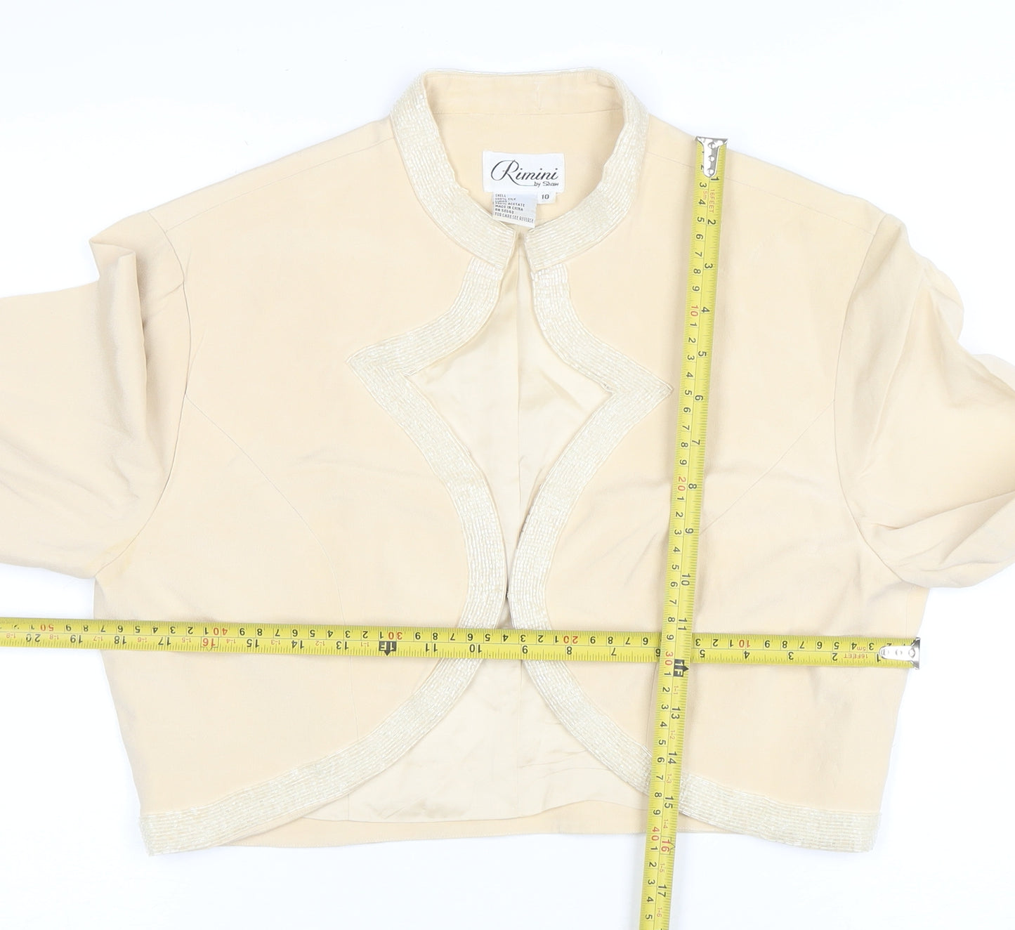 Rimini by Shaw Women Beige Cropped Silk Jacket Size 10 Beaded Trim