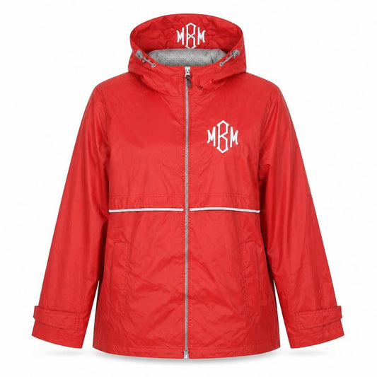 Front view of Charles River Apparel women’s red hooded rain coat jacket, size M
