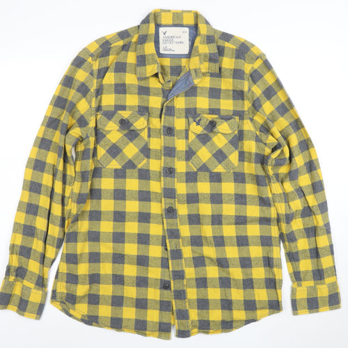 American Eagle Outfitters Men's Yellow Check Flannel Shirt L Long Sleeve