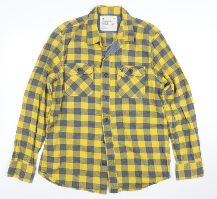 American Eagle Outfitters Men's Yellow Check Flannel Shirt L Long Sleeve