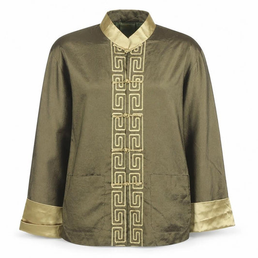 Front view of Sweet Tiger Women’s Gold Satin Oriental Tuxedo Jacket, size UK 12