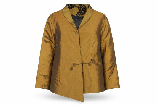 Front view of WEI NA SI Women Brown Asymmetric Satin Shawl Collar Blazer UK 18