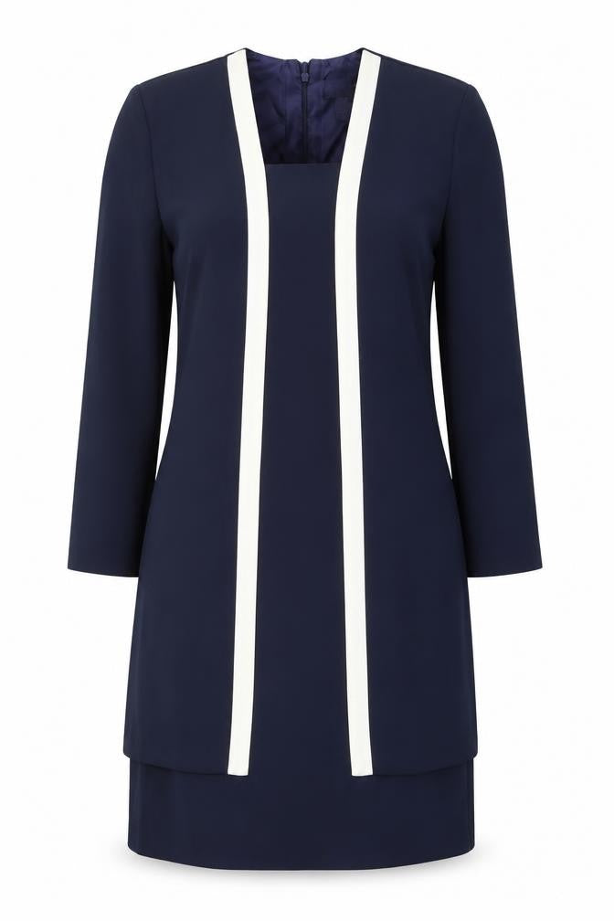 Virgo Women Blue White Sheath Dress Size 10 Long Sleeve Formal