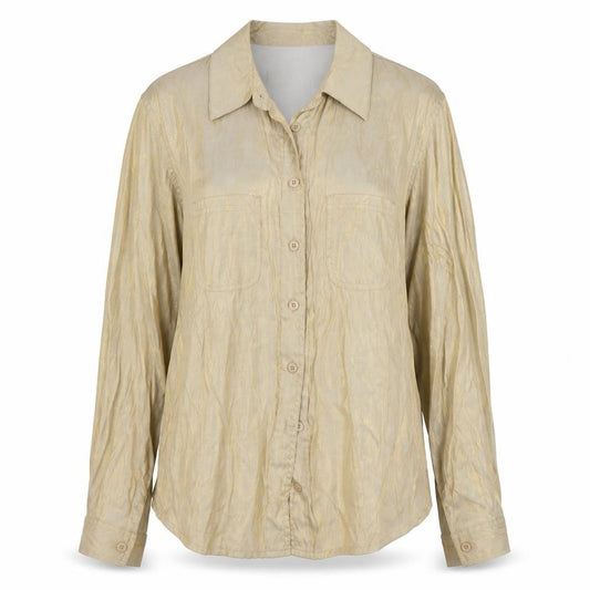 Front view of Carole Little Women’s Beige Long Sleeve Button-Up Shirt, size UK 10