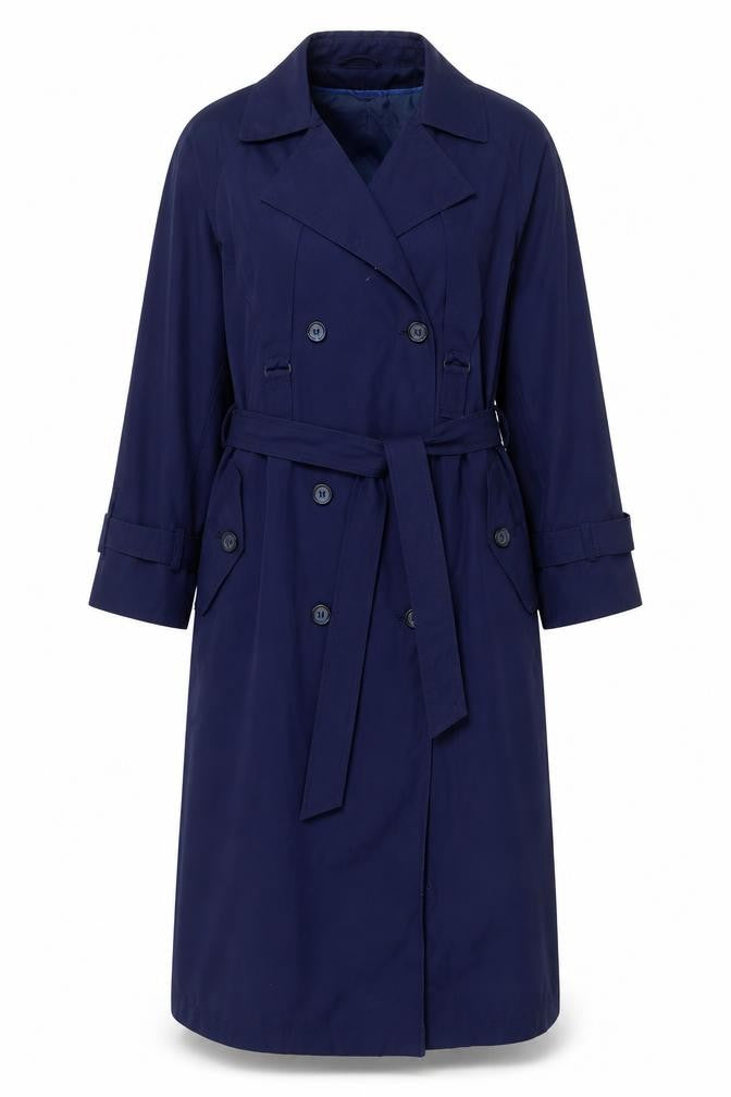 Tradition Sears Women's Blue Petites 6 Long Trench Coat Belted Nylon