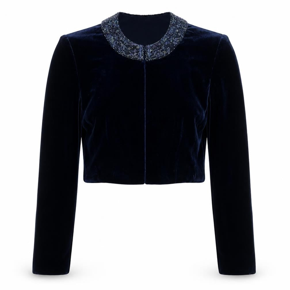 Alex Evenings Women's Blue Velvet Beaded Cropped Suit Jacket Size 6P