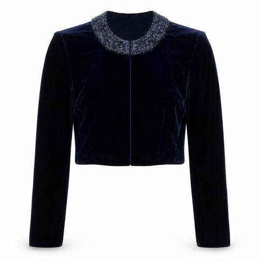 Front view of Alex Evenings Women's Blue Velvet Beaded Cropped Suit Jacket Size 6P