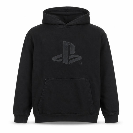 Front view of H&M boys’ black playstation pullover hoodie, size 14+ cotton blend
