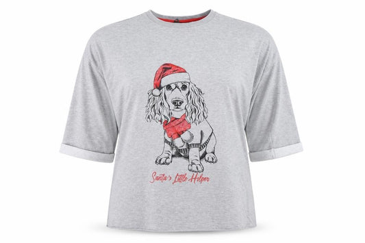 Front view of Bonmarché Women's Grey Christmas Dog T-Shirt, size 12, 3/4 Sleeve