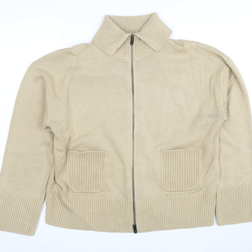 Marks and Spencer Women Beige Full Zip Collared Cotton Jumper L