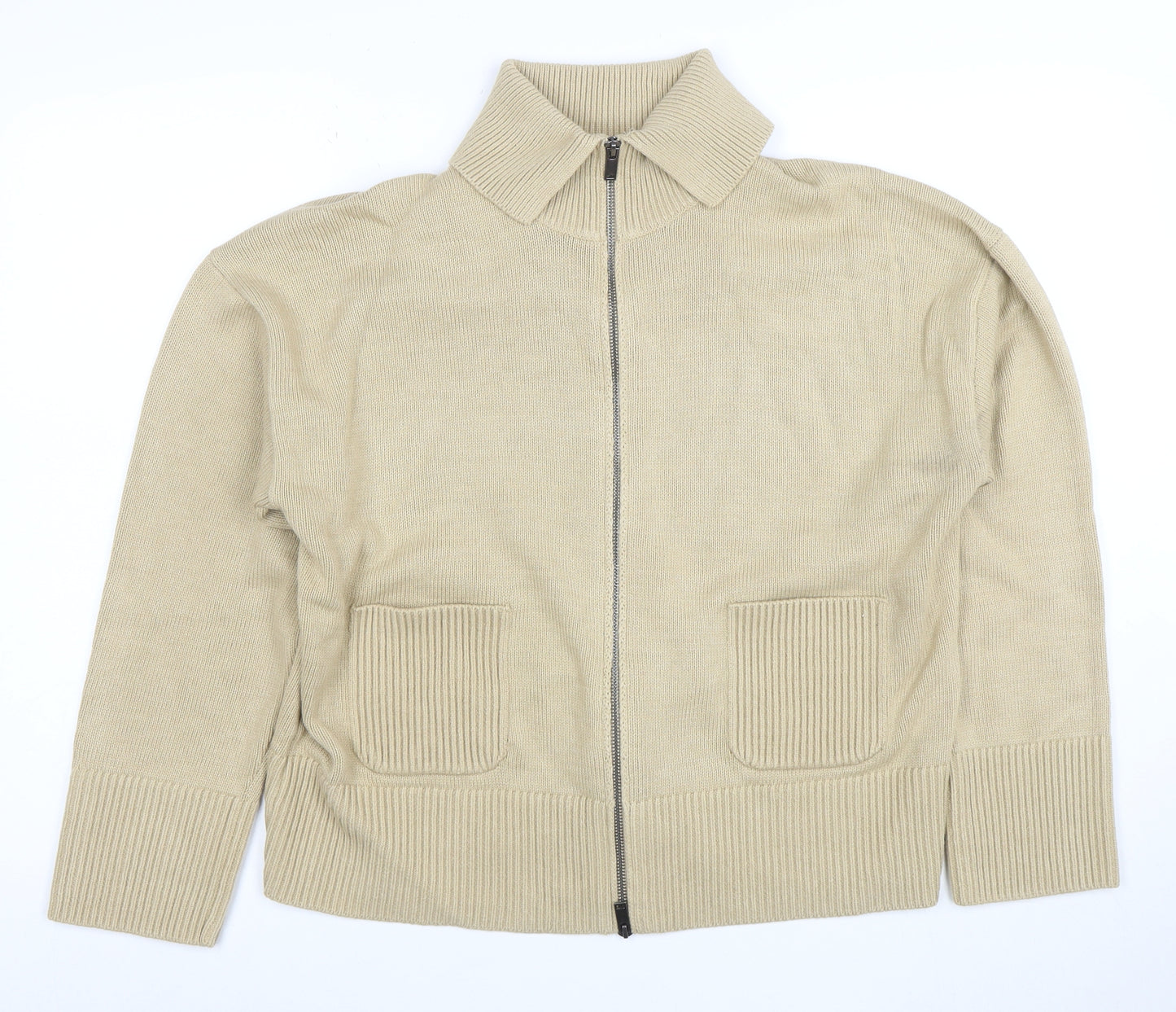 Marks and Spencer Women Beige Full Zip Collared Cotton Jumper L