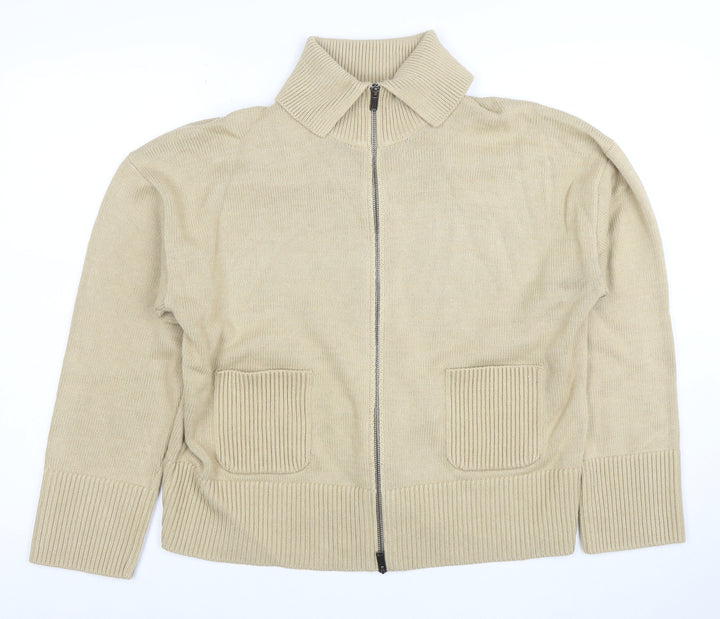 Marks and Spencer Women Beige Full Zip Collared Cotton Jumper L