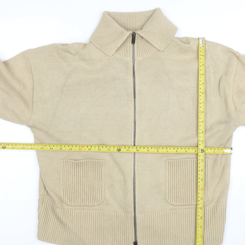 Marks and Spencer Women Beige Full Zip Collared Cotton Jumper L