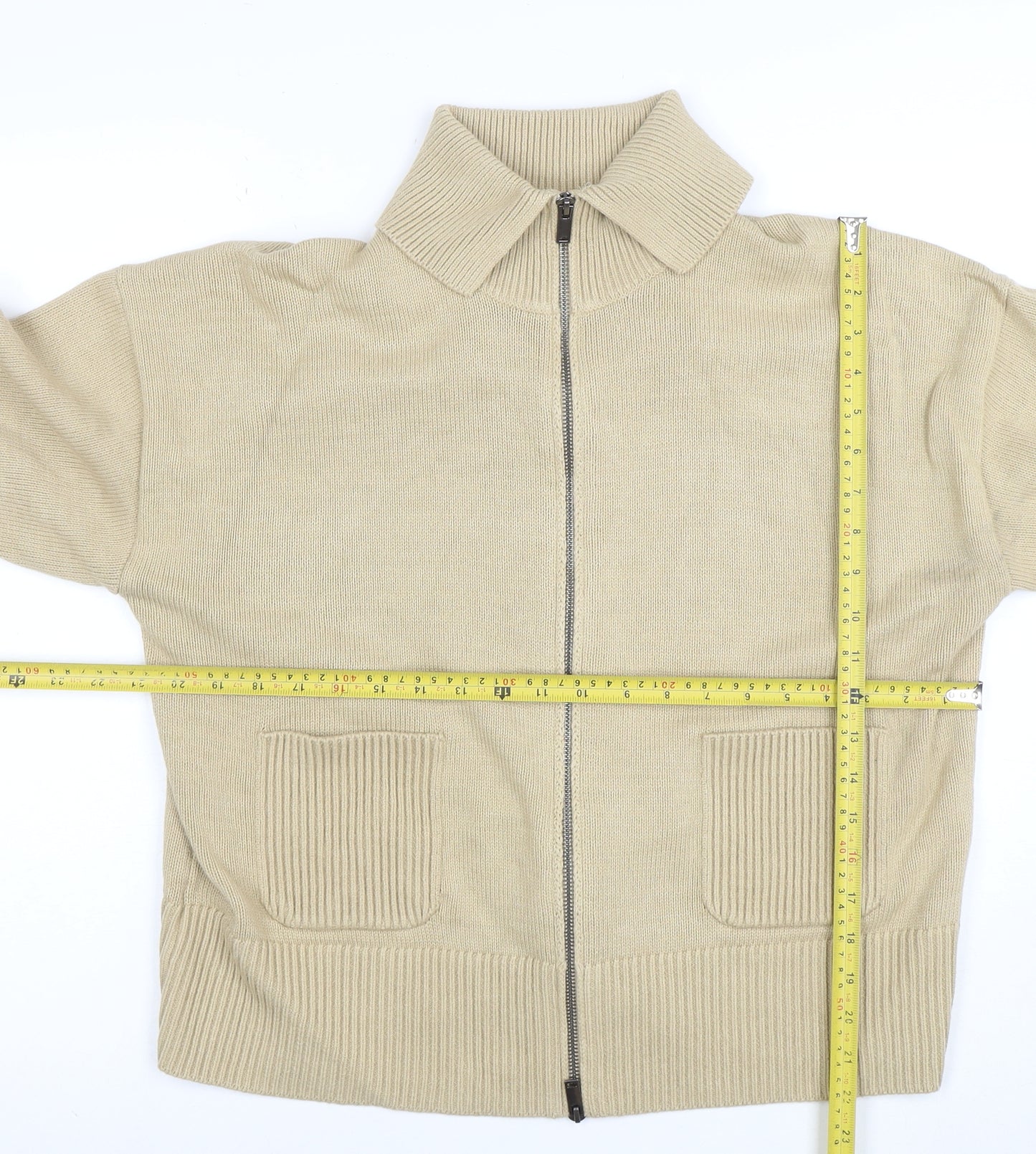 Marks and Spencer Women Beige Full Zip Collared Cotton Jumper L
