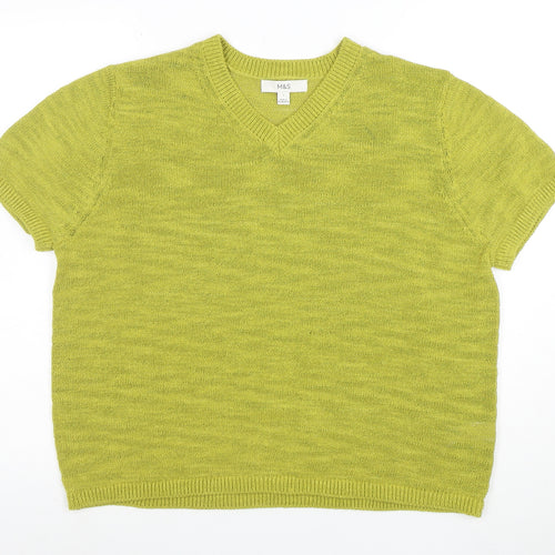 Marks and Spencer Women’s Green Cotton Blend V-Neck Short Sleeve Jumper Size L