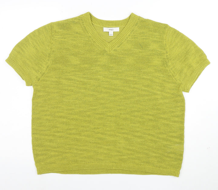 Marks and Spencer Women’s Green Cotton Blend V-Neck Short Sleeve Jumper Size L