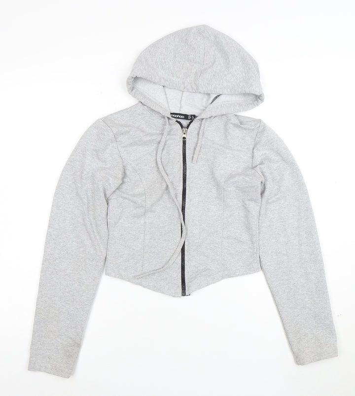 Boohoo Womens Grey Full Zip Hoodie UK 8 Cotton Blend Lightweight Casual