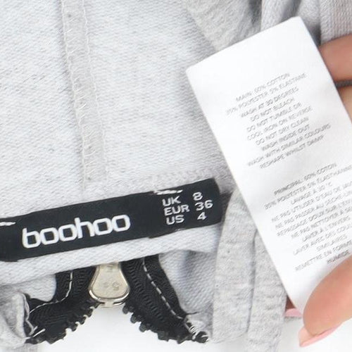 Boohoo Womens Grey Full Zip Hoodie UK 8 Cotton Blend Lightweight Casual