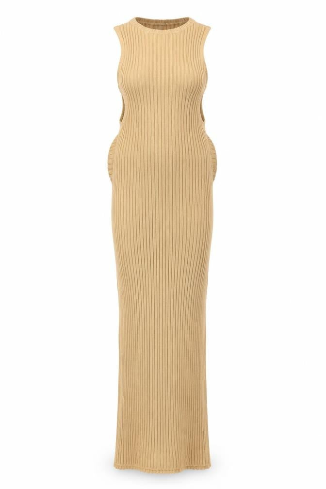 Pretty Lavish Women’s Beige Sleeveless Ribbed Midi Bodycon Dress XS